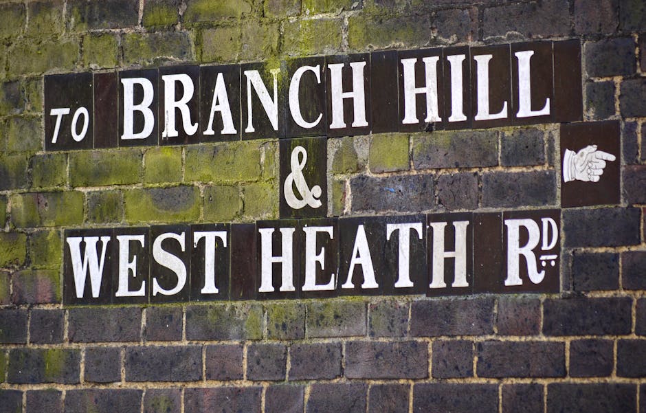 A close-up photo of a street sign affixed to a weathered brick wall, displaying the names 'Branch Hill' and 'West Heath Road' with the text 'to' and the ampersand, '&', between for navigation. The sign consists of black rectangular tiles with white capital letters, arranged in two lines, with some slight moss and weathering visible on the bricks around it. This image is taken outdoors, with natural lighting highlighting the textured surface of the bricks and sign, capturing the typical urban environment common in North West London, where house removals and property relocations are frequently carried out by companies like West Hampstead Man and Van. The presence of the sign suggests a residential or semi-urban area, relevant to local moving and transport services involved in home relocation projects within the area, emphasizing the importance of clear navigation for logistical planning in household moves.